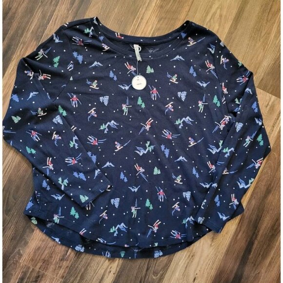 New Navy Blue Skiing Print 2 Pc Waffle Knit Pajamas Simple Pleasures 3X - Picture 2 of 7